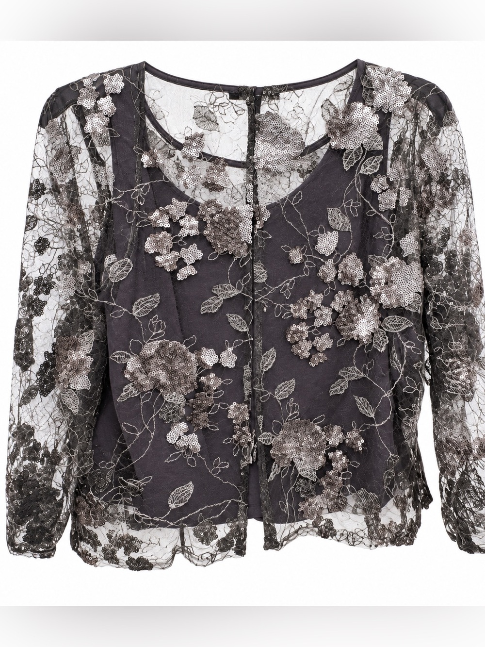 Marina Sequin Embroidered Floral Mesh Evening Blouse Gray Silver NWT Medium